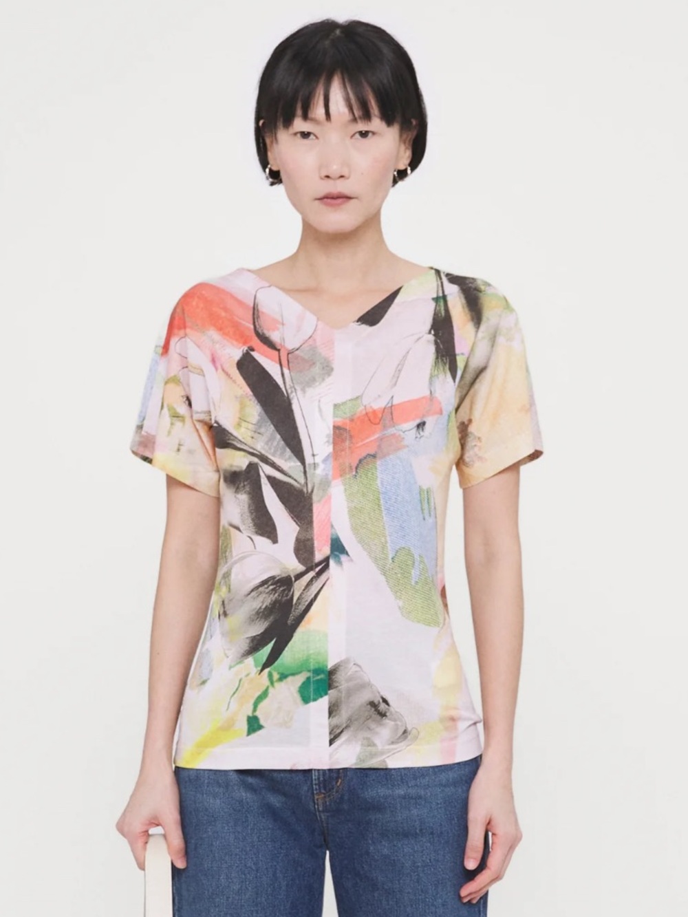 Paul Smith White Multi Floral V-Neck Short Sleeve Top Small